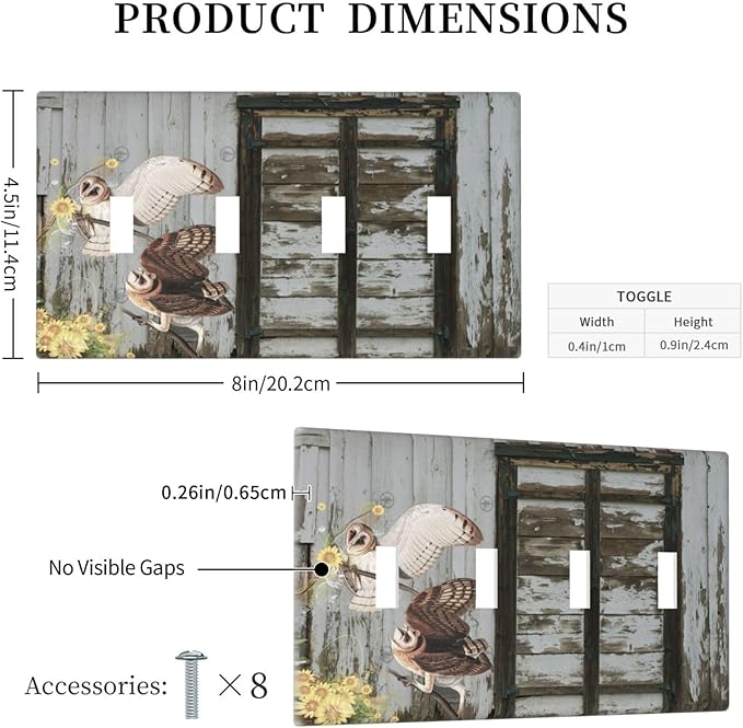 Vintage Brown Blue Old Wooden Door Quad Toggle Wall Plate Covers Decorative 4-Gang Wall Plates Antique Barn Door with Owls Sunflower Electrical Switchplate for Bathroom Bedroom Kitchen Decor