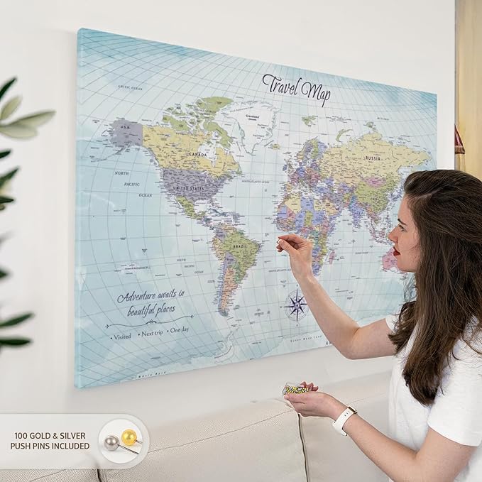 ElephantStock - Push Pin Travel Map World I Wall Art - Horizontal Canvas Wall Art - Living Room Wall Decor - Printmaking Map Canvas Art - Blue And Beige Decor - 48" x 32"