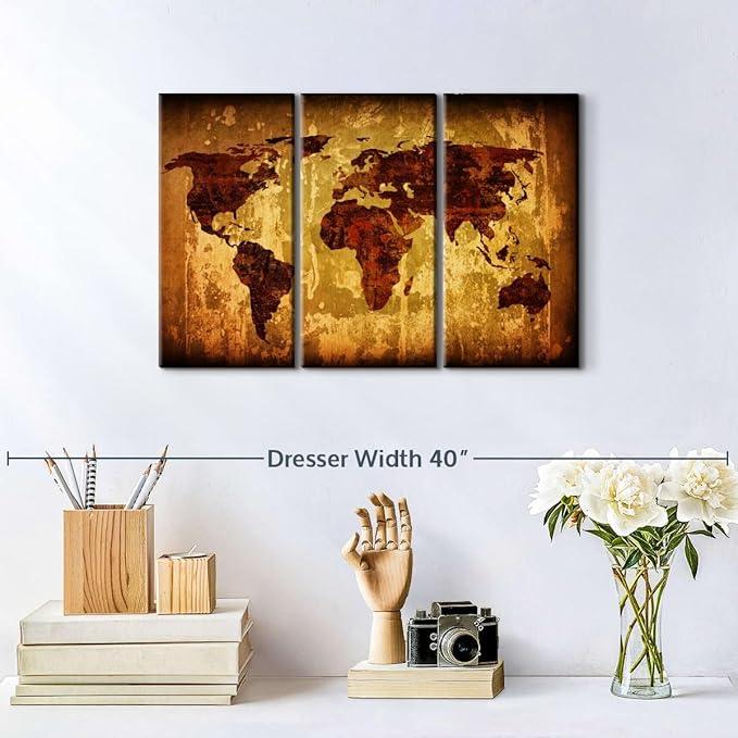 ElephantStock Vintage World Map Wall Art Multi Piece Canvas - 3 Piece Canvas World Map Wall Decor - Wall Decor - Ready-to-Hang Print - Vintage Wall Art - 23" X 14"