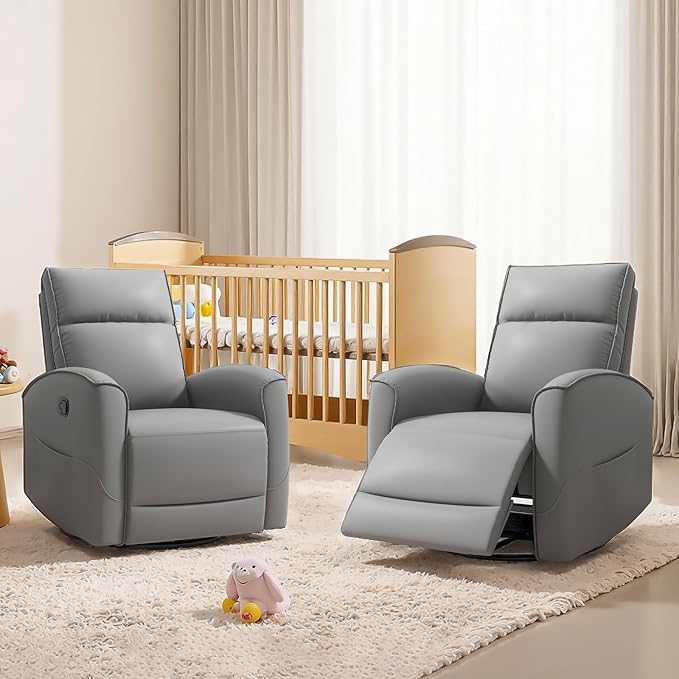 Swivel Rocker Recliner Chair, Manual Faux Leather Glider Rocking Recliners for Adults, 360° Swivel Nursery Reclining Sofa with Storage Pocket