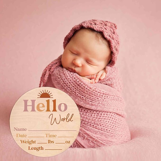 Hello World Newborn Sign - Baby Name Birth Announcement Plaque for Hospital - Photo Prop - Nursery Decor - Shower Gift