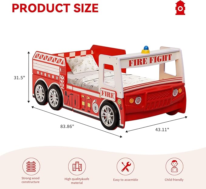 HMFULE Twin Bed Frames for Kids, Wood Fire Truck-Shaped Bed Frame Platform with Wheels LED Lights & Slat Support for Toddler, Teens, Boys or Girls, No Box Spring Needed (Red)