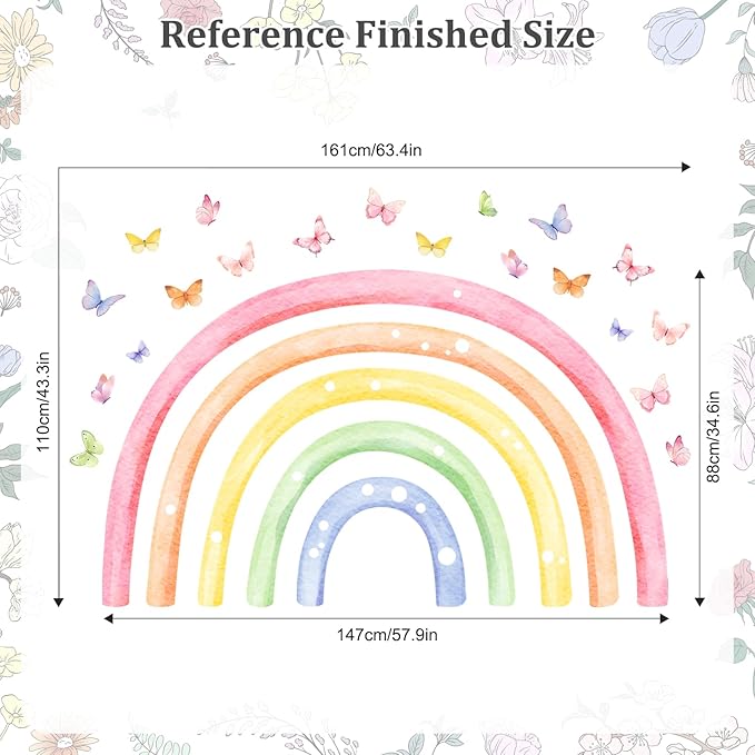 H34.6 Large Rainbow Wall Decals, Watercolor Wall Stickers Peel and Stick Mural for Girls Boys Nursery Kids Room Home Decor