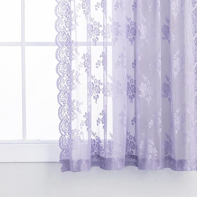 Light Purple Sheer Curtains 45 Inch Length, 2 Panels, W42 x L45 Inch Each, Country Rustic Floral Vintage Lace Curtains for Closet Bathroom Window, Rod Pocket Privacy Light Fitlering Lace Tier Curtain