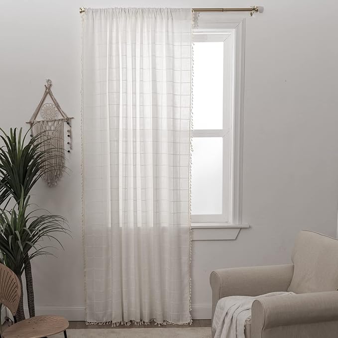Deeprove White Boho Curtains for Bedroom 84 Inches Long, Cream Checkered Bohemian Chic Textured Embroidery Plaids, Vintage Handmade Tassels Country Decor Drapery, Rod Pocket, 1 Panel W52 x L84