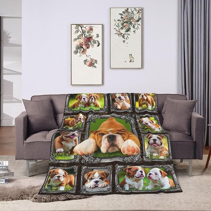 Bulldog Blanket English Bulldog Gifts Throw Blanket Super Soft Flannel Lightweight Fluffy Plush Cozy Fuzzy Fleece Decor Blanket for Dog Lover Girl Woman Boys Kids Adults Man for Bed Sofa 60"X80"