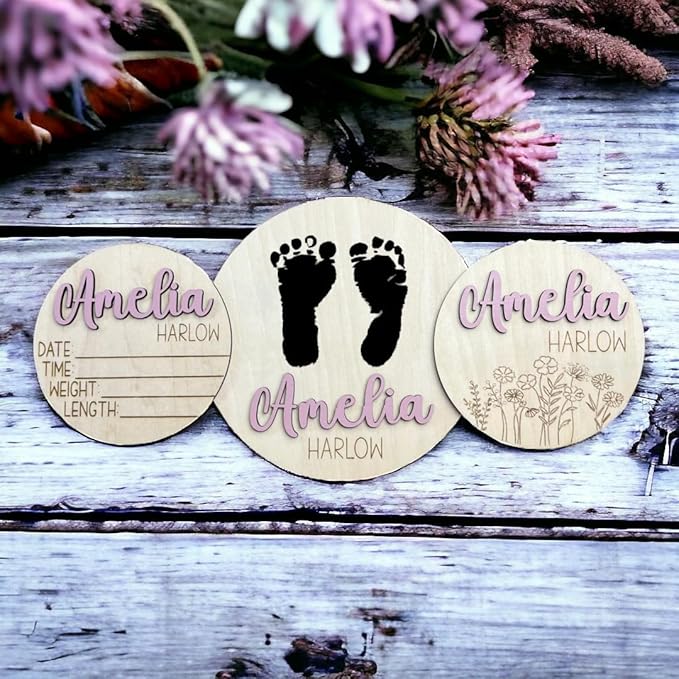 Personalized Birth Announcement Name Sign, Stat Sign and Footprint Sign Bundle of All 3 Signs, Newborn Hospital Photo Prop, 19 Font Options, 30 Colors (3 Sign Bundle - Name, Stat & Footprint)