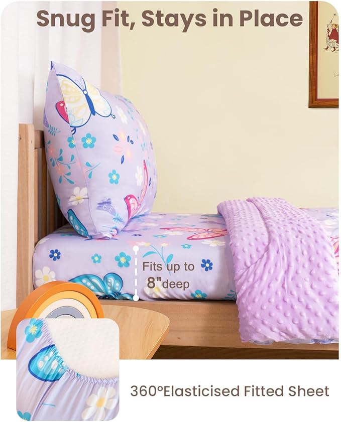 TinyPalsa Butterfly Toddler Bedding Set, 4-Piece Comforter Set for Girls and Boys, Breathable Crib Bedding Includes Ultra-Soft Plush Minky Comforter, Flat and Fitted Sheets, and Reversible Pillowcase