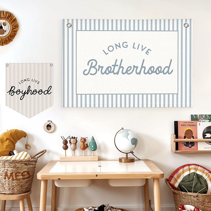 Lacama Blue Long Live Brotherhood Boys Room Decor, Boy Nursery Decor, Linen Banner Wall Hanging Canvas Banner Flag Decor for Toddler Boy Room Nursery 30x20 Inch