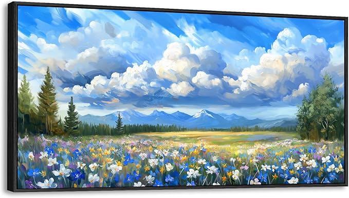 Framed Natural Landscape Wall Art for Living Room, Large Mountain Wildflower Canvas Artwork for Walls Decor, Farmhouse Nature Colorful Flower Paintings Prints for Bedroom Office Decoration 23"x46"