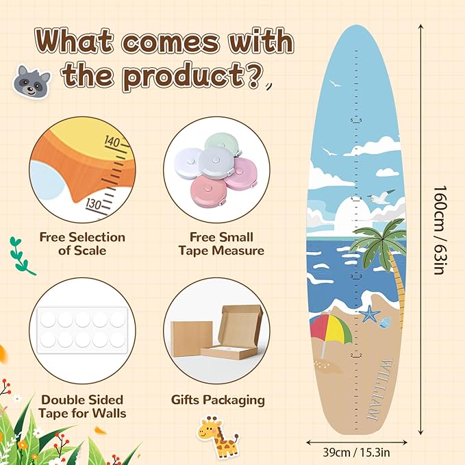 Height Chart Kids,Surfboard Wood Growth Chart,Customized Name Kids Measuring Chart Wall,Kids Growth Chart Ruler,Child Height Measurement Nursery Decor Baby Room