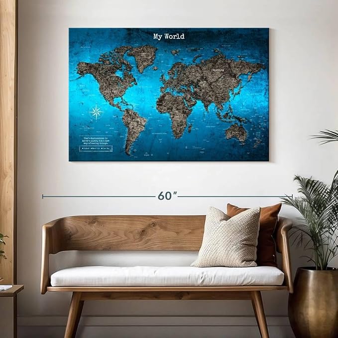 ElephantStock - My World Push Pin Travel Map Iii Wall Art - Horizontal Canvas Wall Art - Living Room Wall Decor - Digital Art Map Canvas Art - Turquoise And Blue Decor - 48" x 32"