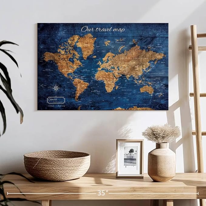 ElephantStock - Personalized Our Travel I Push Pin World Map Wall Art - Horizontal Canvas Wall Art - Living Room Wall Decor - Digital Art Map Canvas Art - Brown And Blue Decor - 24" x 16"