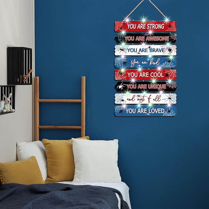 Spider Room Decor with LED Lights Bedroom Boys Room Wall Decor Children Inspirational Motivational Wall Art Wooden Wall Decor Little Boy Kids Room Interior Decor Toddler Room Sign