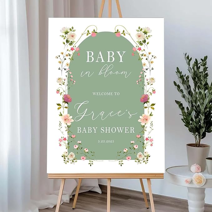 Personalized Green Arch Baby Shower Welcome Sign - Baby in Bloom Floral Announcement Sign - Elegant Girl Entrance Decor