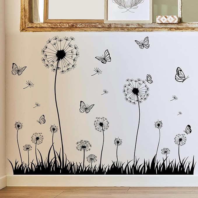 Dandelion and Butterfly Wall Decals Removable Black and White Nature Vinyl Stickers for Nursery Living Room and Bathroom Decor Peel and Stick Minimalist Botanical Wall Art