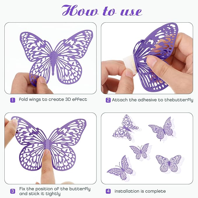 3D Butterfly Wall Decor 3 Sizes 4 Styles Butterfly Party Decorations Cake Decorations Removable Stickers Wall Decor Room Mural Metallic Kids (Purple, 48Pcs)