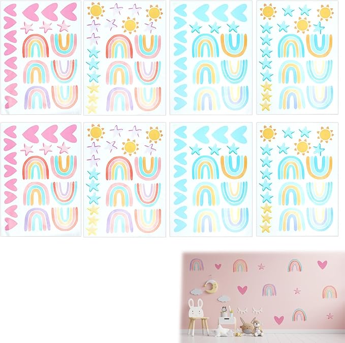 8 Pcs Rainbow Wall Decals, Watercolor Wall Stickers Large Size Art Peel and Stick, Nursery Kids Room Wallpaper Decor for Boys Girls Bedroom Playroom Classroom Mural Art Blue and Pink