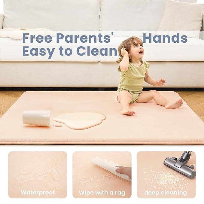ACOMOPACK 1.3" Thick Baby Play Mat for Floor 59x71"-Large Water-Repellent&Non-Slip Memory Foam Mat for Kids,Toddlers,Soft Velvet Nursery Rug for Tummy Time&Crawling,Yoga,Tatami Style(Blush)
