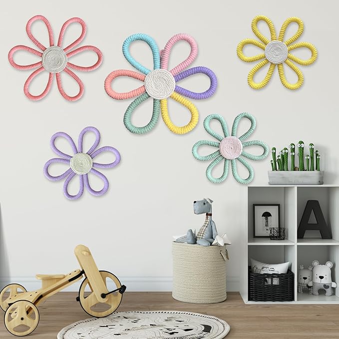 5 Pcs Boho Daisy Flower Wall Decor 3 Size Woven Floral Art Wall Hanging Supply for Boy Girl Multicolors Bohemian Home Bedroom Room Decorations