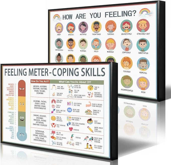 perasi Set of 2 Feeling Chart Poster Canvas, Emotions Coping Skills Wall Art for Kids, Calm Down Corner Mental Health Art Print, School Counselor Psychologist Feeling Chart 12x16in Wrapped Canvas