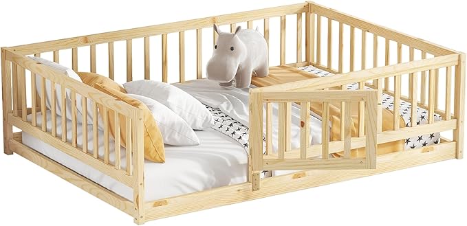 Full Size Floor Bed Frame with Door and Slats,Montessori Floor Bed with Safety Guardrails for Girls Boys,Solid Wood Kids Montessori Bed Full Size,Natural