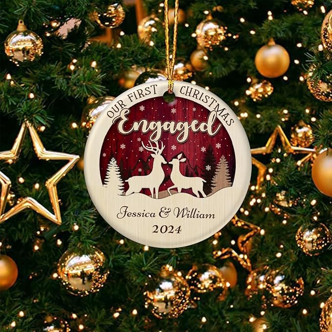 wowcugi Personalized First Christmas Engaged Ornament Personalized Reindeer Couple Ceramic Ornaments Engagement Ornament Wedding Keepsake Gifts for Newlywed Xmas Tree Decorations