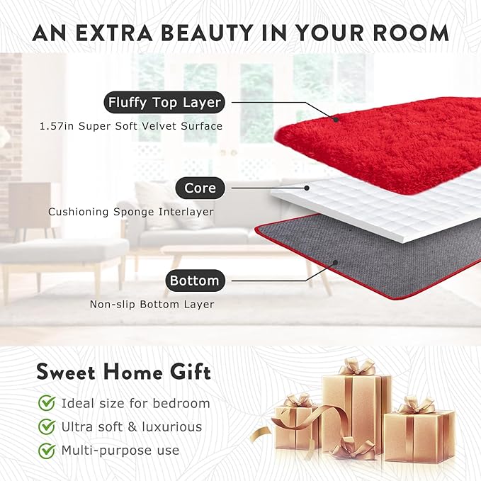 Large Shag Rugs 6 x 9, Red Fluffy Area Rug for Living Room, Soft Fuzzy Plush Carpet for Bedroom Girls Kids Room, Indoor Shaggy Rug for Home Decor Aesthetic, Upgrade Non-Slip