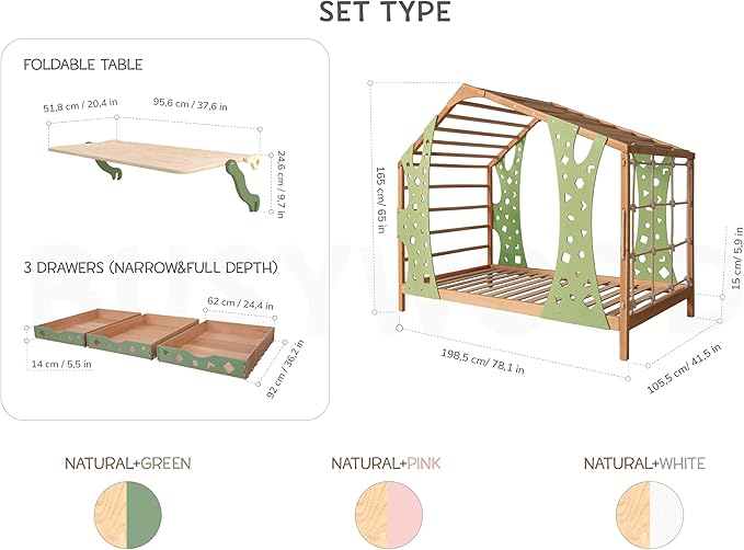 BUSY WOOD Monkey Bed – Twin Frame with Storage & Foldable Table – Montessori Indoor Playground – Jungle Gym Furniture for Kids – Toddler Sleeping Frame with 3 Drawers