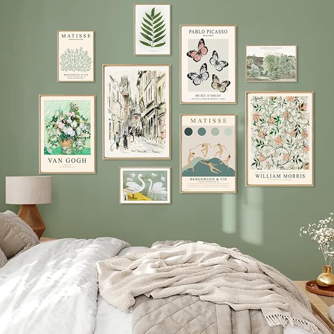 uniro Sage Green Eclectic Wall Art Prints, 9 Pcs Matisse Wall Art Exhibition Posters for Room Aesthetic, Van Gogh William Morris Matisse Picasso Green Eclectic Gallery Wall Decor, Maximalist Canvas