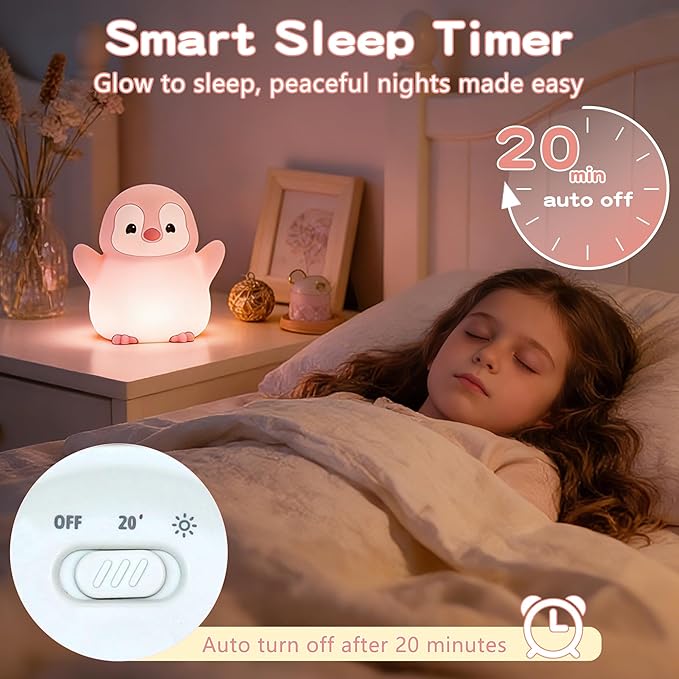 Pink Penguin Night Light,Soft Silicone Nursery Nightlight for Baby,LED Squishy Novelty Animal Bedside Lamp,Rechargeable/Dimmable/Timer,Room Decor, Cute Xmas Gifts for Kids/Girls/ Mom/ Grandma/ Teens