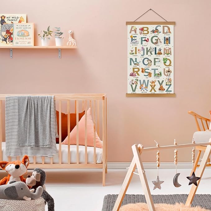KAIRNE Alphabet Poster With Wood Magnetic Hanging Framed(35CMx56CM) Kids Growth Mindset Canvas Hang Signs,Emotions Learning Prints Classroom Decor Animal ABC Wall Art for Playroom Nursery Decor