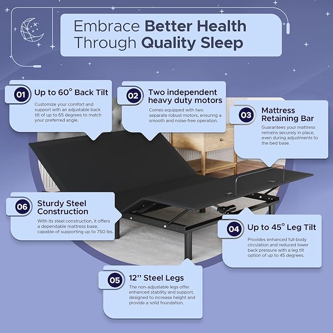 Celestial Sleep Aurora Adjustable Bed Base (Frame Only), Easy Assembly, Head and Foot Lift, Zero Gravity, Memory Positions - Full