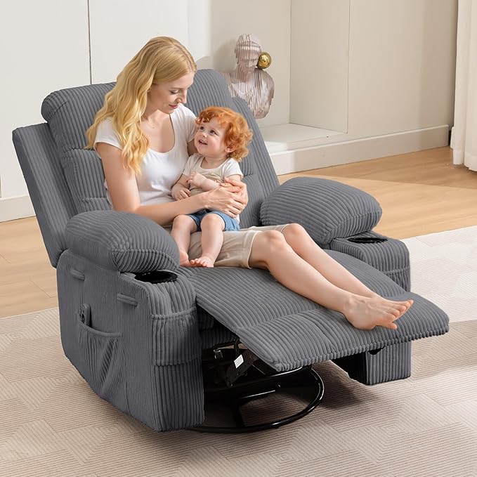 Recliner Chair Nursery, Oversized Manual Reclining Rocking Chair, 360 Swivel Glider with Cup Holder, Massage and Heat Recliner, Indoor Small Single Sofa Chairs for Adults, RV, Bedroom, Corduroy Gray