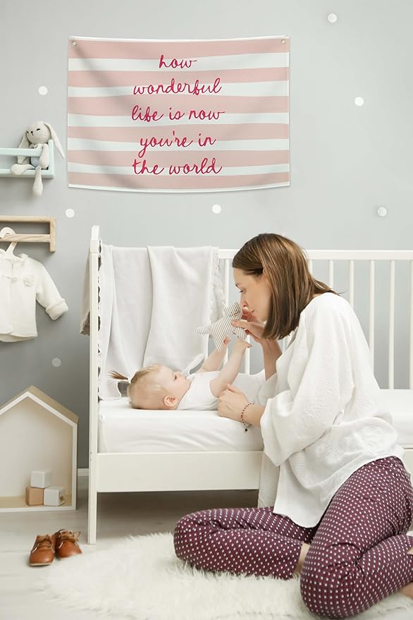 How Wonderful Life is Now-Rectangular Banner Flag Pennant Wall Art Decor Gift for Baby Boy Girl Kid,Nursery Classroom Homeschool Playroom Decor-Baby Present Shower,Birthday Christmas Gift