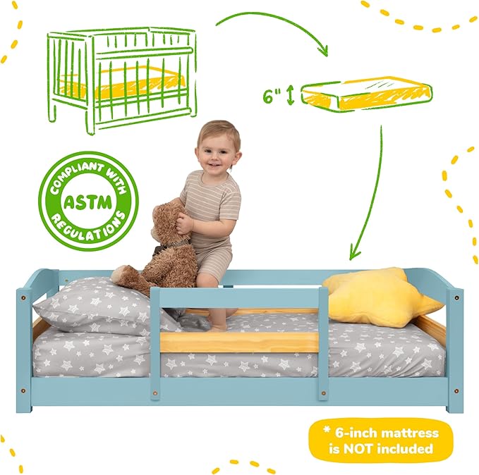 Ocodile Toddler Bed with Rails | Low Montessori Floor Bed Frame for Kids | Standard Crib Size Wooden Frame for Independent Toddlers 1-3 - Varnished