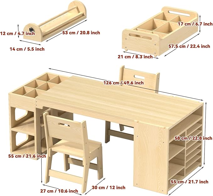 50"x22" Kids Art Table and Chair Set, Kids Craft Table with Paper Roll and 2 Chairs,Kid Activity Desk with Storage and Portable Supply Organizer for Writing, Drawing, Learning and Reading