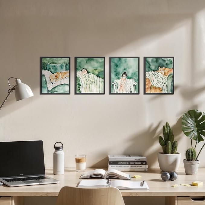 OFJE Golden Retrieve Cat Female Emerald Green Wall Art Decor Prints Set of 4, Watercolor Pet Aesthetic Wall Art Posters Decor for Girls Bedroom Home Living Room, 8x10 Unframed