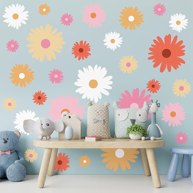 TaoBary 12 Sheets Daisy Wall Decal Flower Wall Sticker Cute Daisy Sticker Pink White Flower Decal Peel and Stick Floral Wallpaper for Nursery Bedroom Home Decor(Bright Color,Artsy Style)