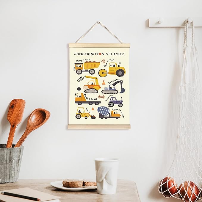CGBHW Construction Vehicles Nursery Poster Hanger Frame, Kids Educational Learning Trucks Name Posters Wall Art Hanging Decor for Toddler Boy Baby Room Playroom Classroom，12x16Inch