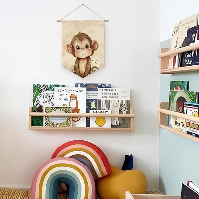 Safari Nursery Decor, Baby Monkey Cute Wall Art,Kids room Canvas Banner, Woodland Nursery Decor, Watercolor Animal Monkey for Living Room Bedroom, Hanging Pennant Flag Banner 15x11in