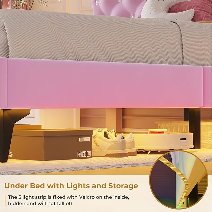 ADORNEVE Twin Size Upholstered LED Bed Frame, Girls Bed with Adjustable Crystal Button Headboard, Velvet Princess Platform Bed for Girls, Solid Wooden Slats, Easy Assembly, Pink