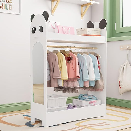 Kids Dress Up Storage Rack Mirror Wood Child Wardrobe 2 Hooks 2 Fabric Bins Toddler Closet Girls Boys Open Hanging Armoire Storage Shelf Coat Costume Hat Shoe (White)
