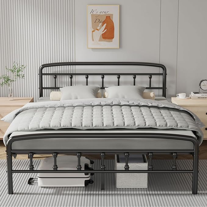 Queen Bed Frames with Headboard, Heavy Duty Bed Frames with Headboard Noise-Free Design & 12" Underbed Storage,No Box Spring Needed/Tool-Free 30 Mins Assembly