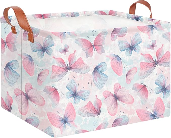 CLOCOR Rectangular Butterfly Print Gift Basket Empty,Waterproof Storage Basket with Handles, Books Box,Room Decor(Pink & Purple Butterfly)