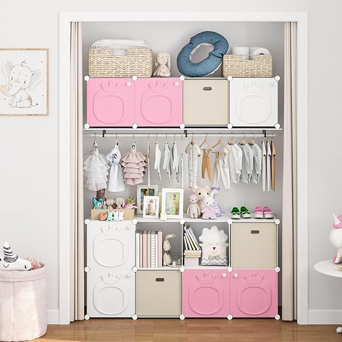 MAGINELS Kids Wardrobe, Baby Girls Closet Armoires Organizer with Door. Open Hanging Children Costume Area and 6 Cube Storage. Pink (28x14x56inch)