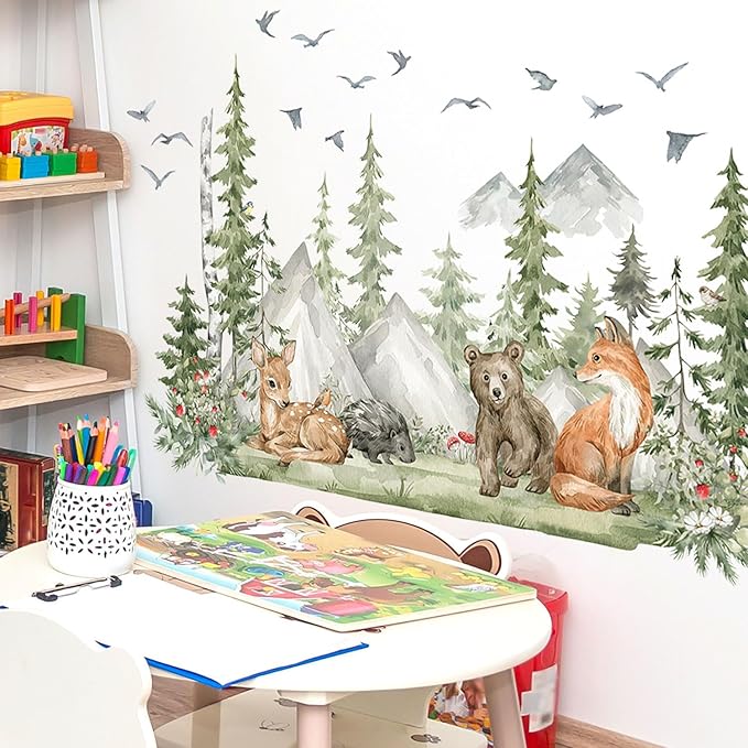 4 Sheet of 36x12 inch Mountain Forest Wall Decal Woodland Bear Fox Deer Peel and Stick Wallpaper for Kids Boys Bedroom Nursery Playroom Large DIY Watercolor Animal Tree Mural Wall Art Decor