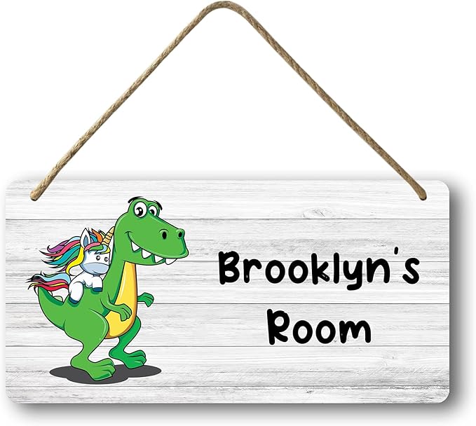 Personalized Name Wood Door Sign for Nursery Kids, Custom Dinosaur Wooden Wall Decor, Unicorn Dino Bedroom Hanging Wall Art 10 x 5 inch