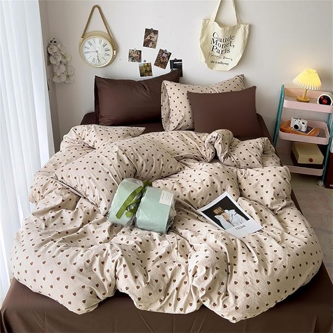 Cute Heart Duvet Cover Queen Size Brown Love Pattern Bedding Set Kids Boys Girls Heart-Shaped Printed Soft Breathable Microfiber Comforter Cover 3Pcs with 2 Pillowcases