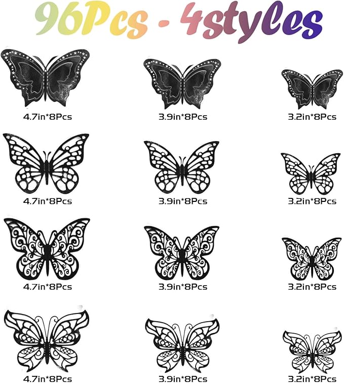 96 Pcs Butterfly Decorations 3 Sizes 4 Styles 3D Butterfly Wall Decor Party Decorations Butterflies for Crafts Birthday & Wedding Celebrations Cake Decorating Balloons Removable Stickers Black